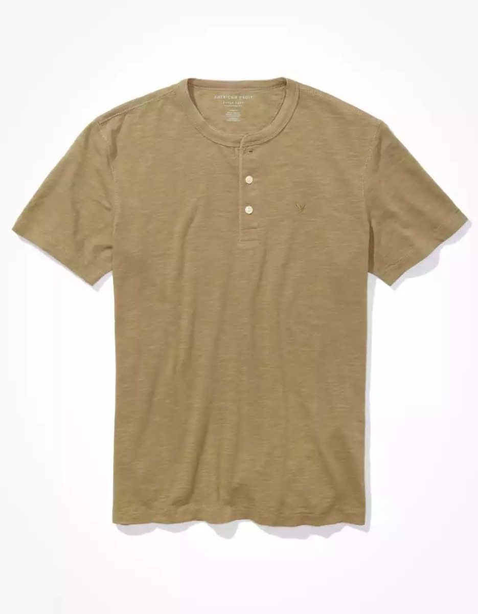 T Shirts American Eagle AE Super Soft Slub Henley Vert Olive Homme | WWU-31182115